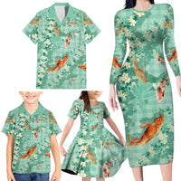 Green Palaka Hawaiian And Japanese Family Matching Long Sleeve Bodycon Dress and Hawaiian Shirt Sakura Lei With Koi Fish DT05 - Polynesian Pride