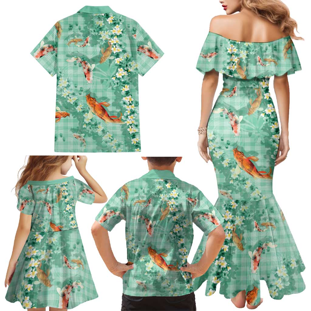 Green Palaka Hawaiian And Japanese Family Matching Mermaid Dress and Hawaiian Shirt Sakura Lei With Koi Fish DT05 - Polynesian Pride