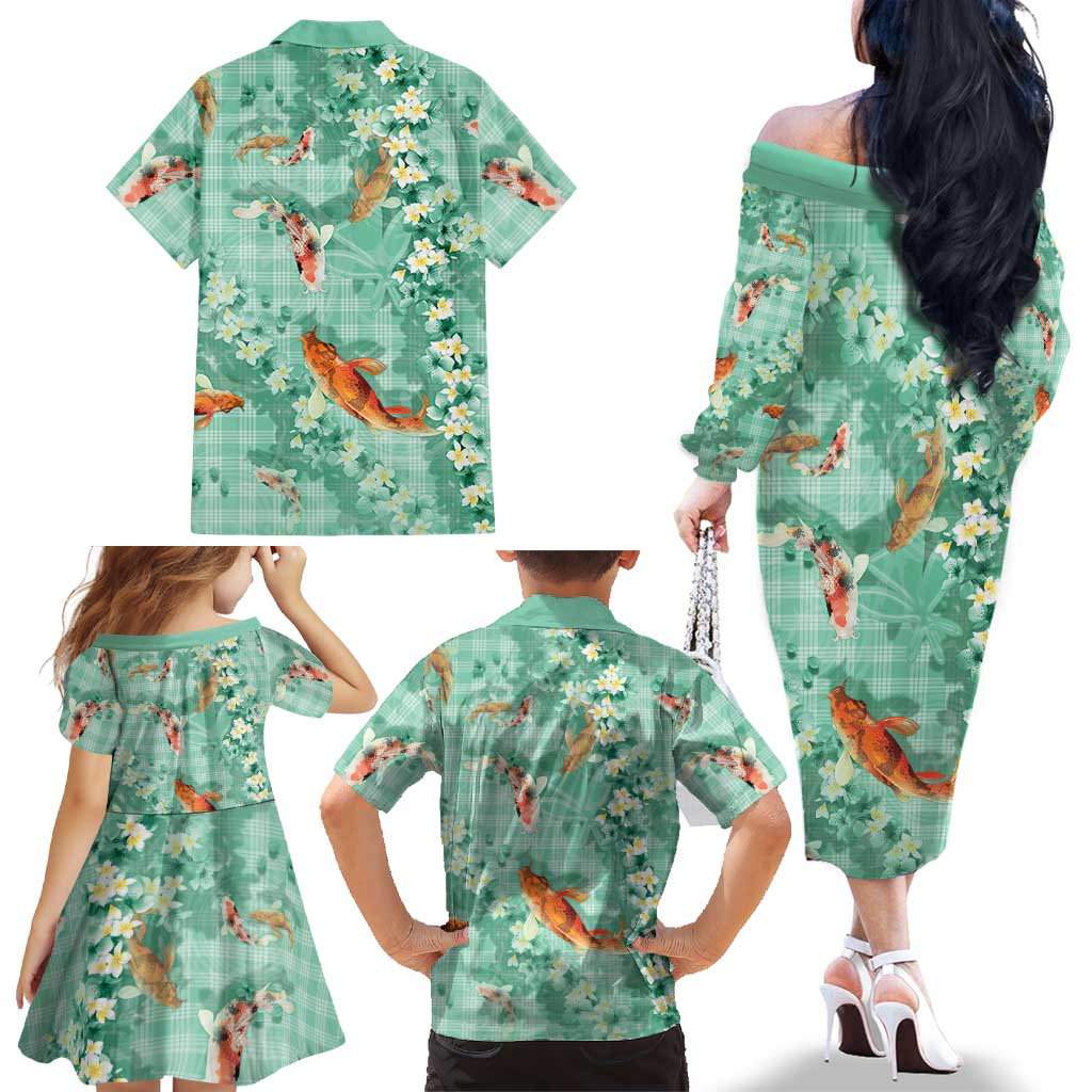 Green Palaka Hawaiian And Japanese Family Matching Off The Shoulder Long Sleeve Dress and Hawaiian Shirt Sakura Lei With Koi Fish DT05 - Polynesian Pride
