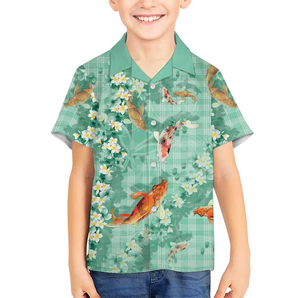 Green Palaka Hawaiian And Japanese Family Matching Off Shoulder Maxi Dress and Hawaiian Shirt Sakura Lei With Koi Fish DT05 Son's Shirt Green - Polynesian Pride