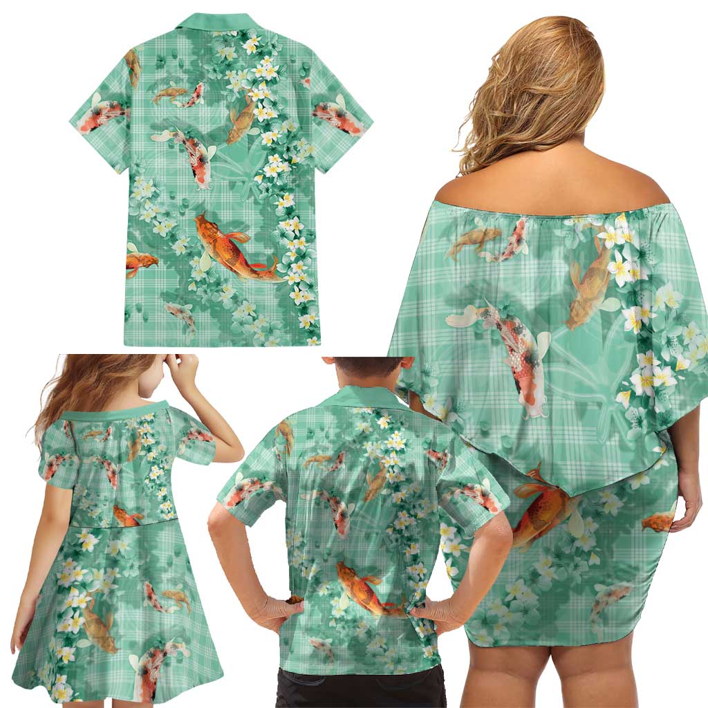 Green Palaka Hawaiian And Japanese Family Matching Off Shoulder Short Dress and Hawaiian Shirt Sakura Lei With Koi Fish DT05 - Polynesian Pride