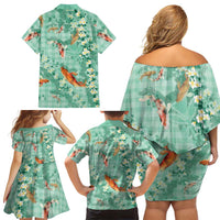 Green Palaka Hawaiian And Japanese Family Matching Off Shoulder Short Dress and Hawaiian Shirt Sakura Lei With Koi Fish DT05 - Polynesian Pride