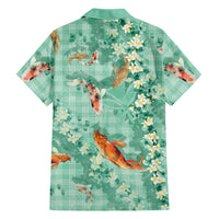 Green Palaka Hawaiian And Japanese Family Matching Off Shoulder Short Dress and Hawaiian Shirt Sakura Lei With Koi Fish DT05 - Polynesian Pride