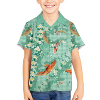 Green Palaka Hawaiian And Japanese Family Matching Off Shoulder Short Dress and Hawaiian Shirt Sakura Lei With Koi Fish DT05 Son's Shirt Green - Polynesian Pride