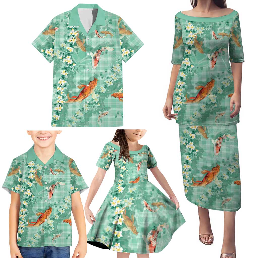 Green Palaka Hawaiian And Japanese Family Matching Puletasi and Hawaiian Shirt Sakura Lei With Koi Fish DT05 - Polynesian Pride