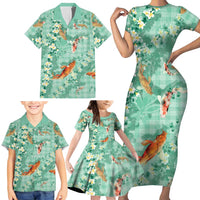 Green Palaka Hawaiian And Japanese Family Matching Short Sleeve Bodycon Dress and Hawaiian Shirt Sakura Lei With Koi Fish DT05 - Polynesian Pride