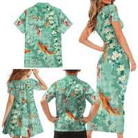 Green Palaka Hawaiian And Japanese Family Matching Short Sleeve Bodycon Dress and Hawaiian Shirt Sakura Lei With Koi Fish DT05 - Polynesian Pride