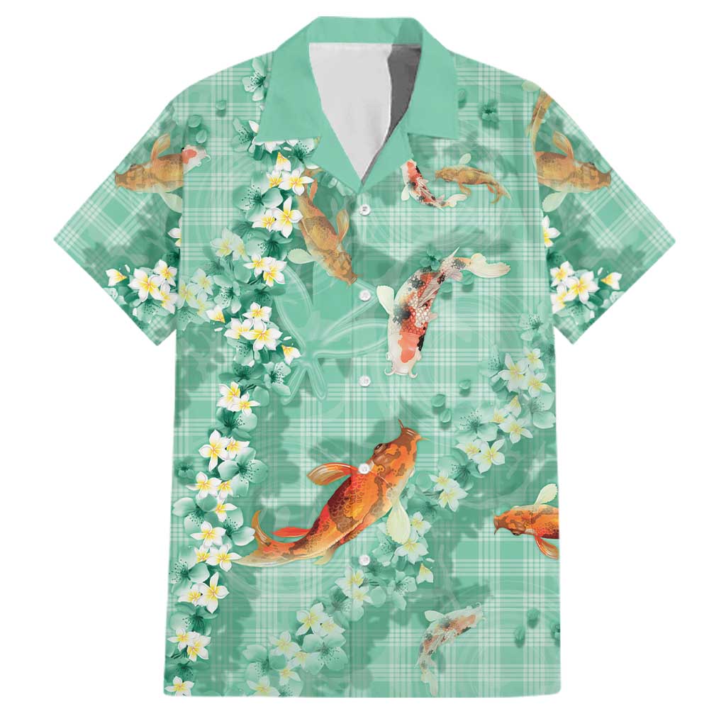 Green Palaka Hawaiian And Japanese Family Matching Short Sleeve Bodycon Dress and Hawaiian Shirt Sakura Lei With Koi Fish DT05 Dad's Shirt - Short Sleeve Green - Polynesian Pride