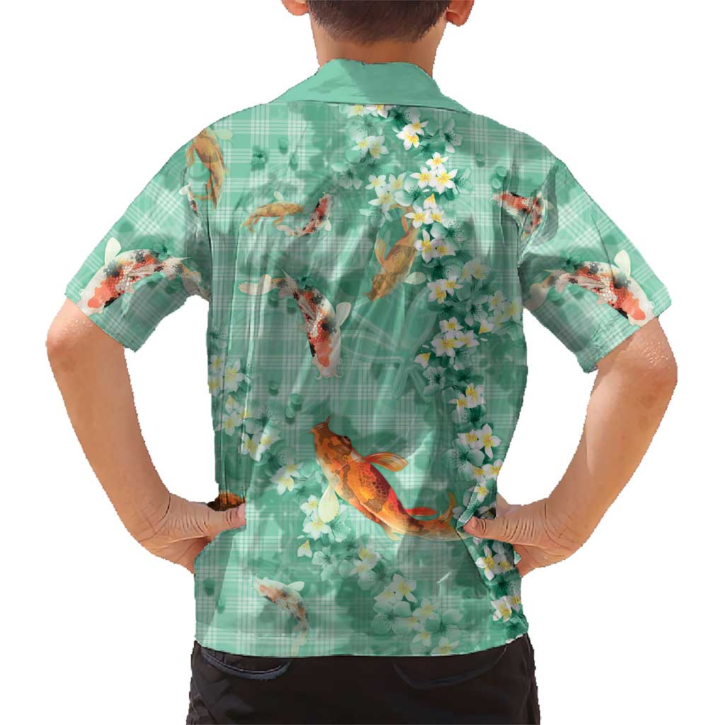 Green Palaka Hawaiian And Japanese Family Matching Summer Maxi Dress and Hawaiian Shirt Sakura Lei With Koi Fish DT05 - Polynesian Pride