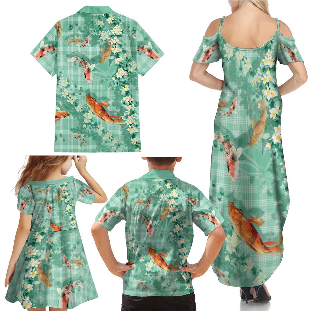 Green Palaka Hawaiian And Japanese Family Matching Summer Maxi Dress and Hawaiian Shirt Sakura Lei With Koi Fish DT05 - Polynesian Pride
