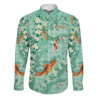 Green Palaka Hawaiian And Japanese Family Matching Summer Maxi Dress and Hawaiian Shirt Sakura Lei With Koi Fish DT05 Dad's Shirt - Long Sleeve Green - Polynesian Pride