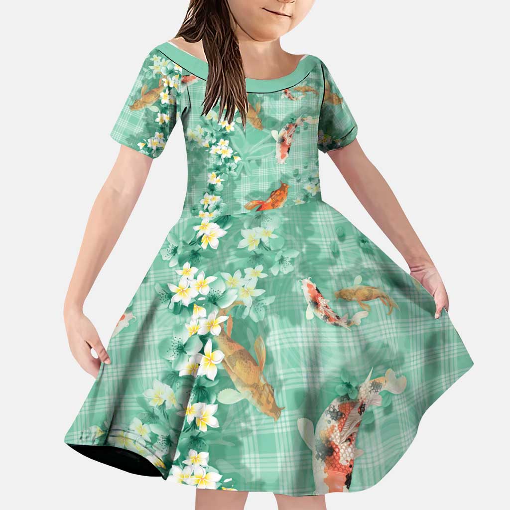 Green Palaka Hawaiian And Japanese Family Matching Tank Maxi Dress and Hawaiian Shirt Sakura Lei With Koi Fish DT05 Daughter's Dress Green - Polynesian Pride