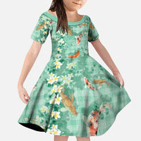 Green Palaka Hawaiian And Japanese Family Matching Tank Maxi Dress and Hawaiian Shirt Sakura Lei With Koi Fish DT05 Daughter's Dress Green - Polynesian Pride