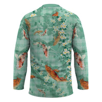Green Palaka Hawaiian And Japanese Hockey Jersey Sakura Lei With Koi Fish - Polynesian Pride