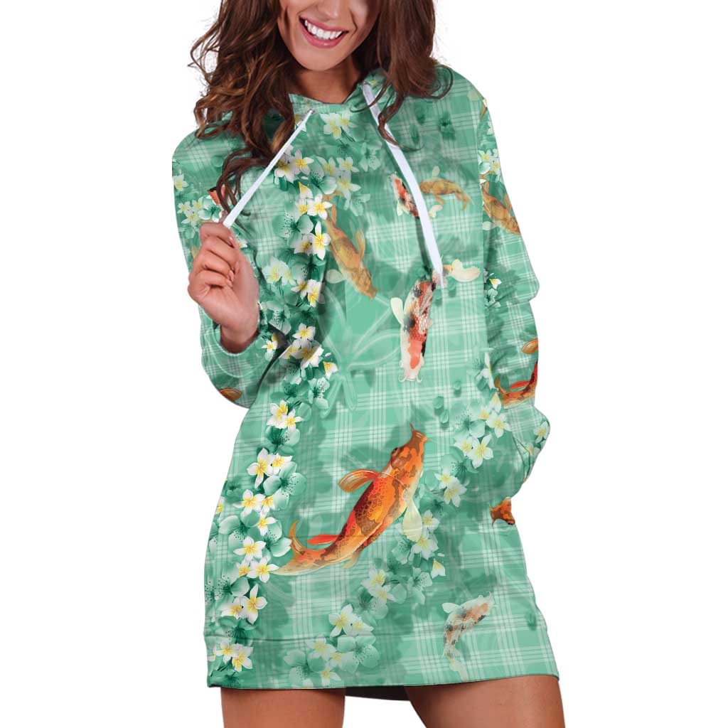 Green Palaka Hawaiian And Japanese Hoodie Dress Sakura Lei With Koi Fish DT05 Green - Polynesian Pride