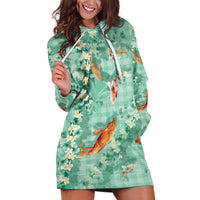 Green Palaka Hawaiian And Japanese Hoodie Dress Sakura Lei With Koi Fish DT05 Green - Polynesian Pride