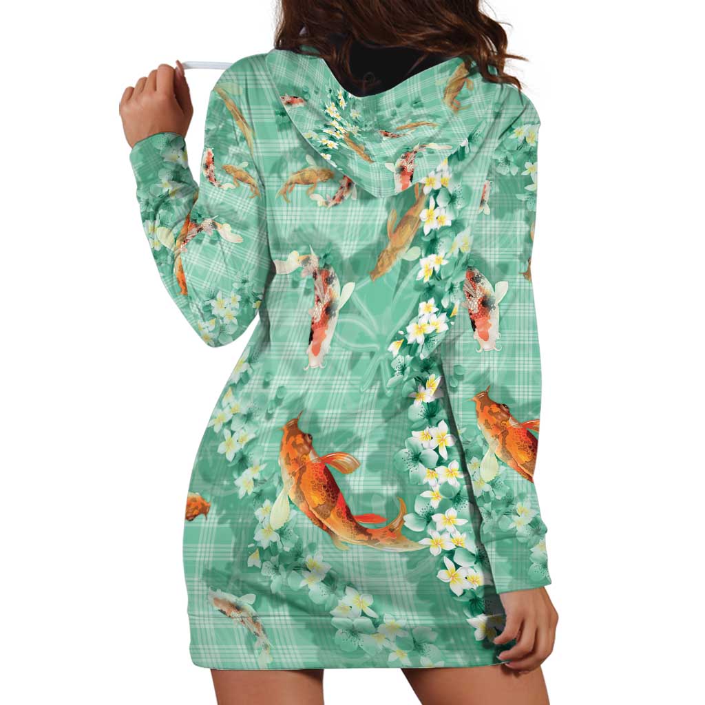 Green Palaka Hawaiian And Japanese Hoodie Dress Sakura Lei With Koi Fish DT05 - Polynesian Pride