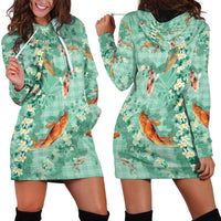 Green Palaka Hawaiian And Japanese Hoodie Dress Sakura Lei With Koi Fish DT05 - Polynesian Pride