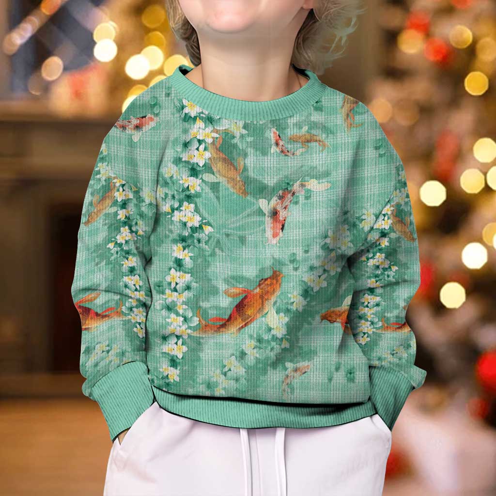 Green Palaka Hawaiian And Japanese Kid Ugly Christmas Sweater Sakura Lei With Koi Fish - Polynesian Pride