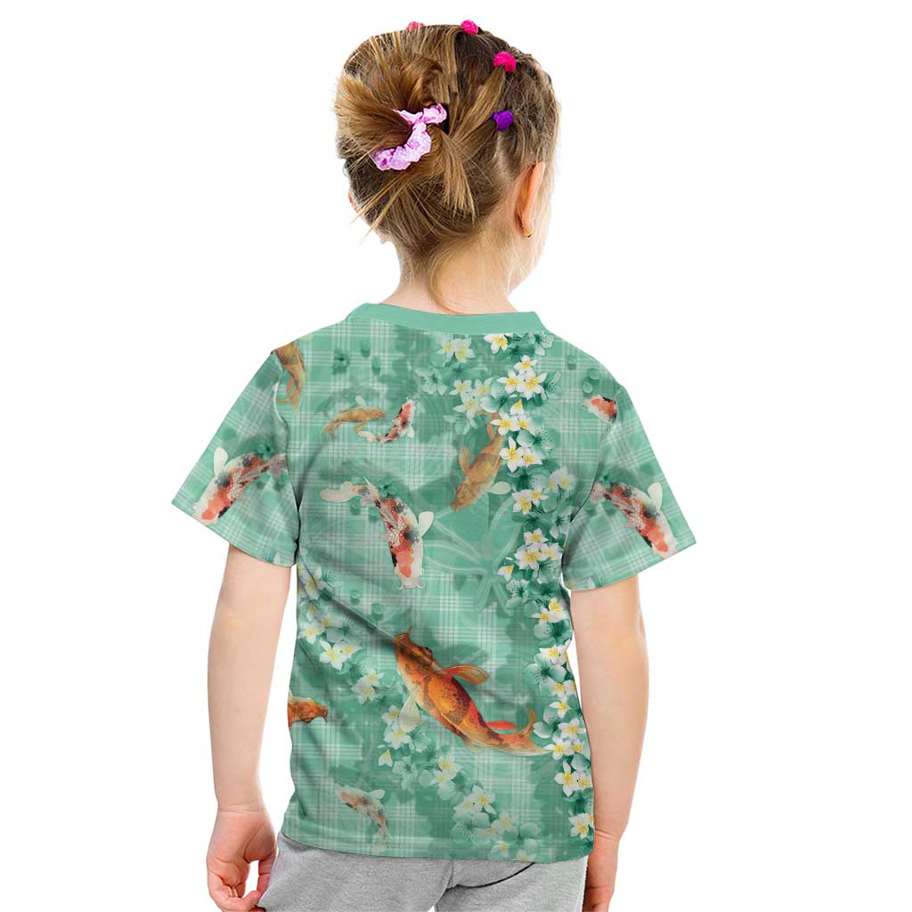 Green Palaka Hawaiian And Japanese Kid T Shirt Sakura Lei With Koi Fish - Polynesian Pride