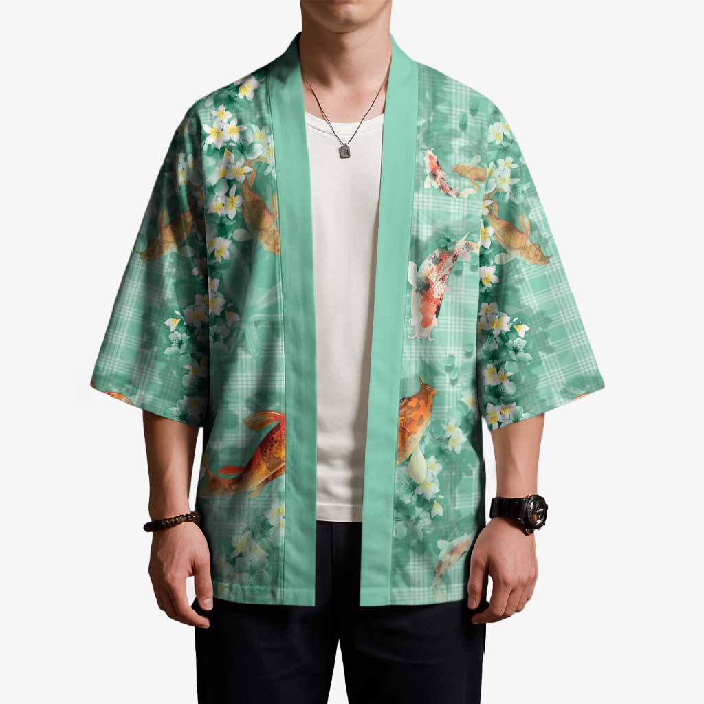 Green Palaka Hawaiian And Japanese Kimono Sakura Lei With Koi Fish DT05 - Polynesian Pride