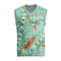 Green Palaka Hawaiian And Japanese Christmas Knitted V-Neck Vest Sakura Lei With Koi Fish DT05 Green - Polynesian Pride