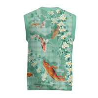 Green Palaka Hawaiian And Japanese Christmas Knitted V-Neck Vest Sakura Lei With Koi Fish DT05 - Polynesian Pride