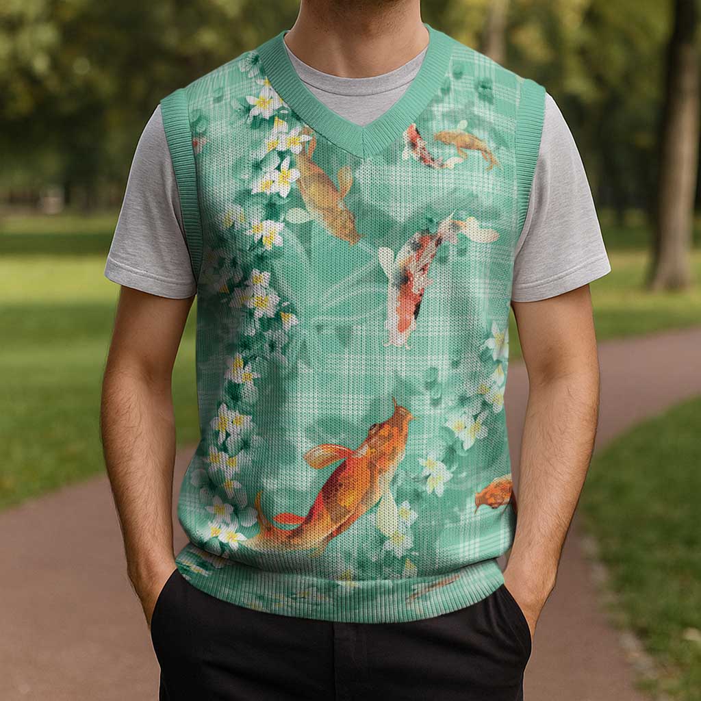 Green Palaka Hawaiian And Japanese Christmas Knitted V-Neck Vest Sakura Lei With Koi Fish DT05 - Polynesian Pride