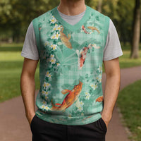 Green Palaka Hawaiian And Japanese Christmas Knitted V-Neck Vest Sakura Lei With Koi Fish DT05 - Polynesian Pride