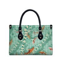 Green Palaka Hawaiian And Japanese Leather Bag Sakura Lei With Koi Fish DT05 - Polynesian Pride