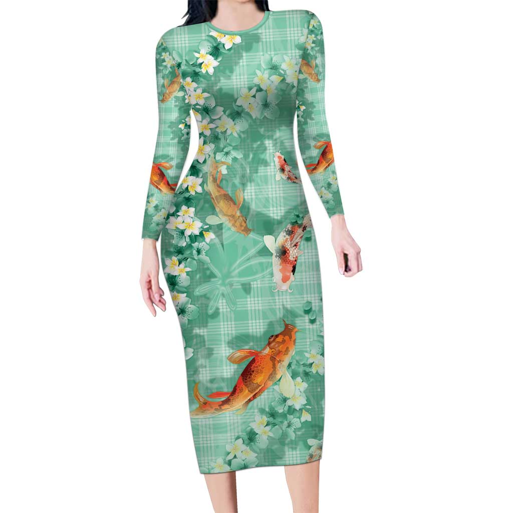 Green Palaka Hawaiian And Japanese Long Sleeve Bodycon Dress Sakura Lei With Koi Fish DT05 Long Dress Green - Polynesian Pride