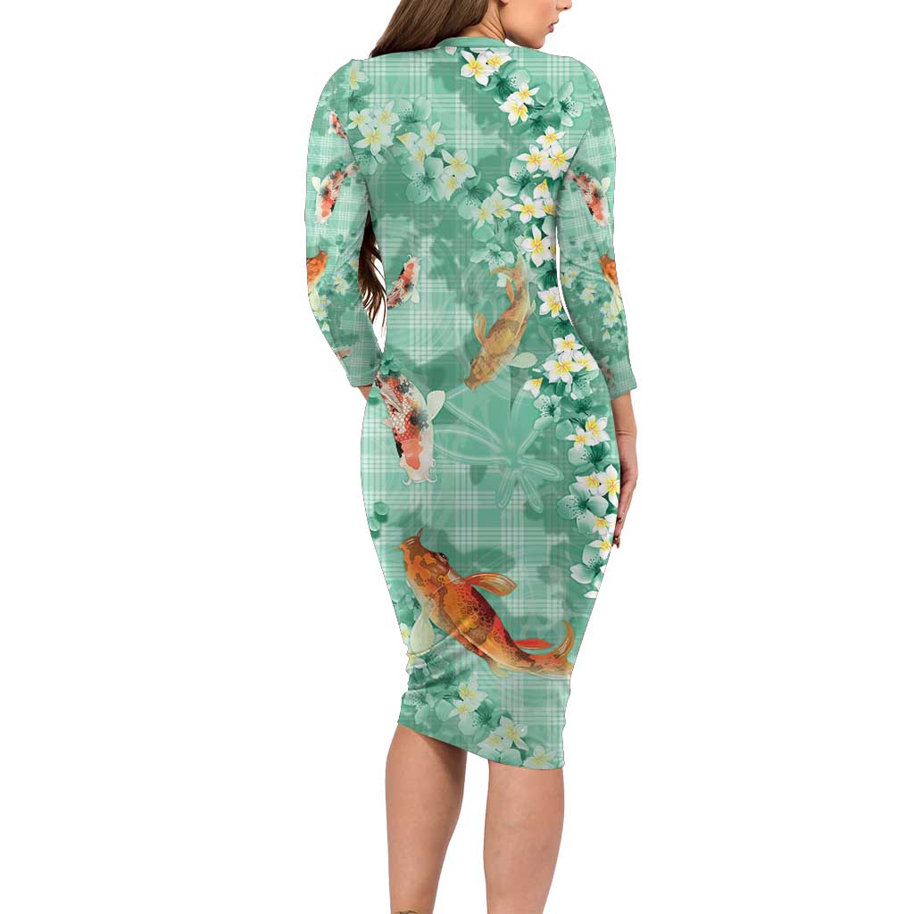 Green Palaka Hawaiian And Japanese Long Sleeve Bodycon Dress Sakura Lei With Koi Fish DT05 - Polynesian Pride