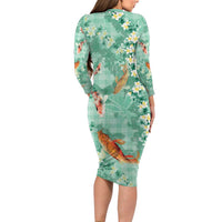 Green Palaka Hawaiian And Japanese Long Sleeve Bodycon Dress Sakura Lei With Koi Fish DT05 - Polynesian Pride