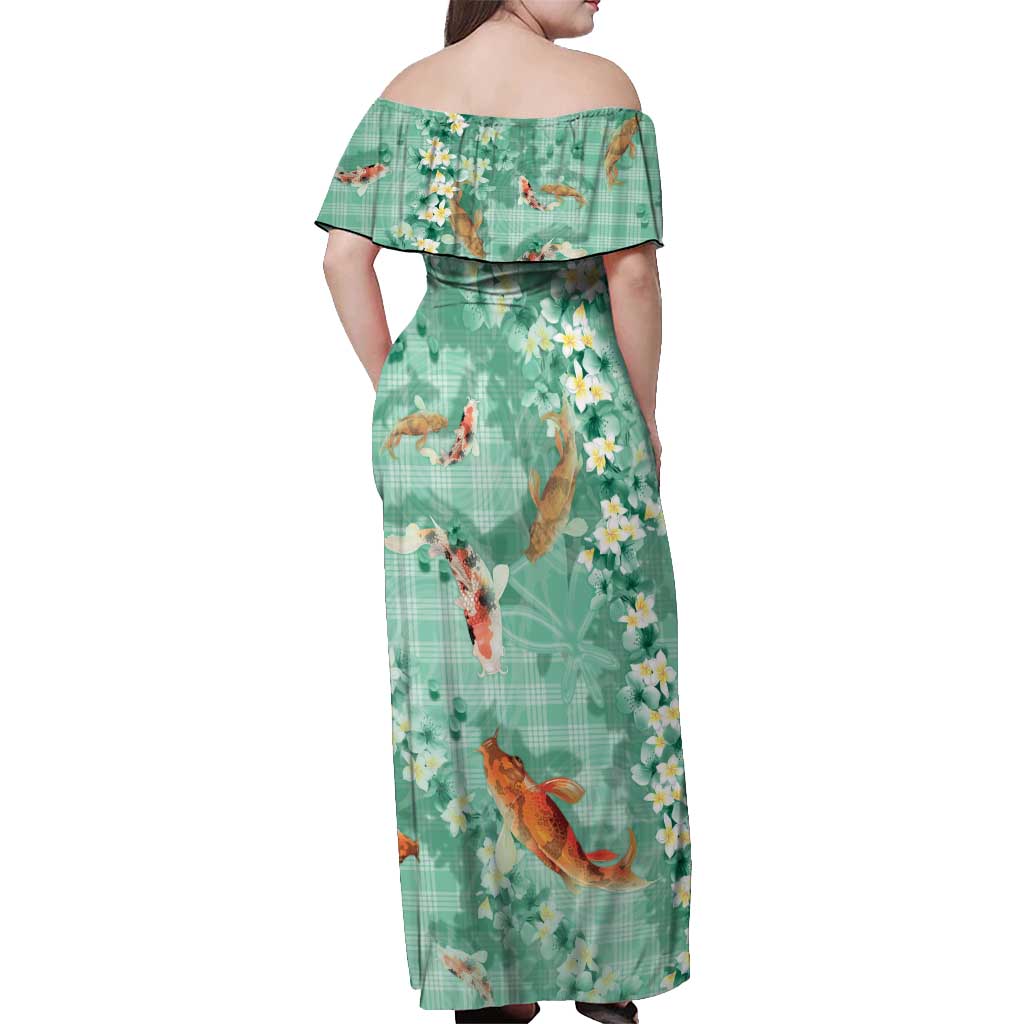 Green Palaka Hawaiian And Japanese Off Shoulder Maxi Dress Sakura Lei With Koi Fish - Polynesian Pride