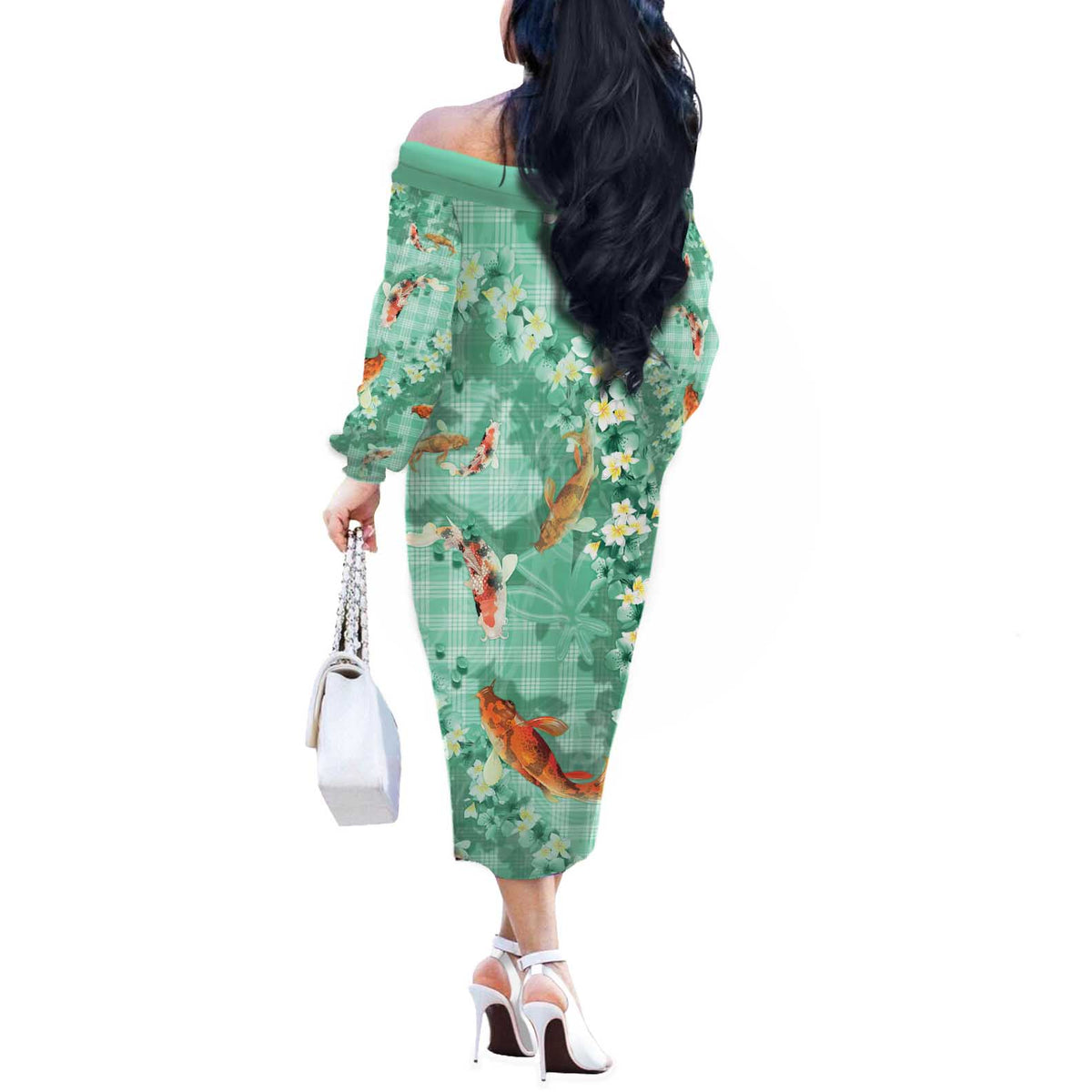 Green Palaka Hawaiian And Japanese Off The Shoulder Long Sleeve Dress Sakura Lei With Koi Fish DT05 - Polynesian Pride