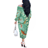 Green Palaka Hawaiian And Japanese Off The Shoulder Long Sleeve Dress Sakura Lei With Koi Fish DT05 - Polynesian Pride