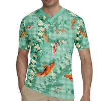 Green Palaka Hawaiian And Japanese Rugby Jersey Sakura Lei With Koi Fish - Polynesian Pride
