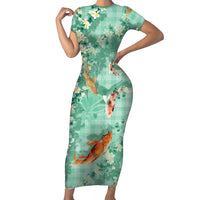 Green Palaka Hawaiian And Japanese Short Sleeve Bodycon Dress Sakura Lei With Koi Fish DT05 Long Dress Green - Polynesian Pride