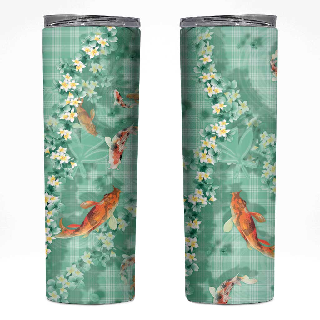 Green Palaka Hawaiian And Japanese Skinny Tumbler Sakura Lei With Koi Fish DT05 Green - Polynesian Pride