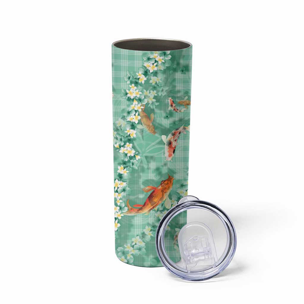 Green Palaka Hawaiian And Japanese Skinny Tumbler Sakura Lei With Koi Fish DT05 - Polynesian Pride