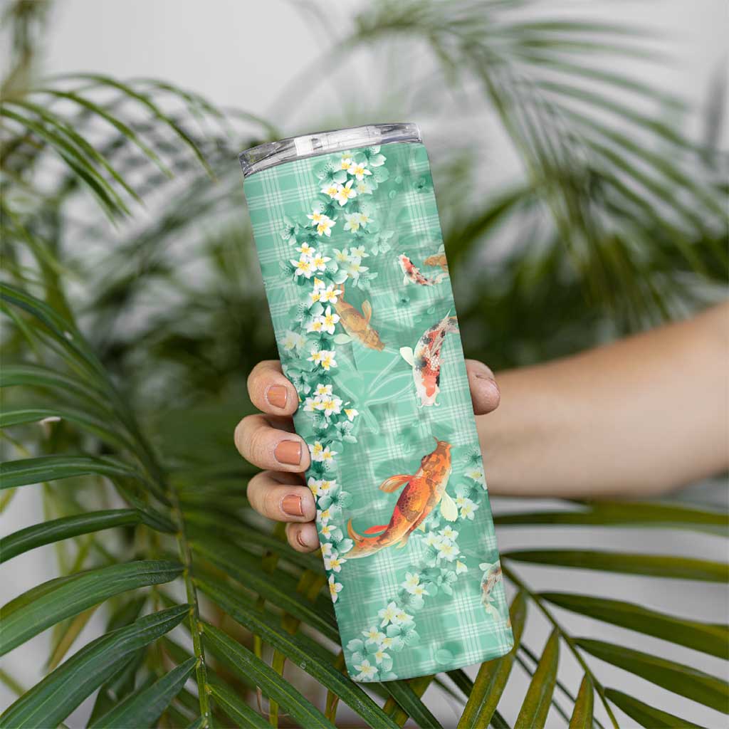 Green Palaka Hawaiian And Japanese Skinny Tumbler Sakura Lei With Koi Fish DT05 - Polynesian Pride