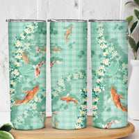 Green Palaka Hawaiian And Japanese Skinny Tumbler Sakura Lei With Koi Fish DT05 - Polynesian Pride