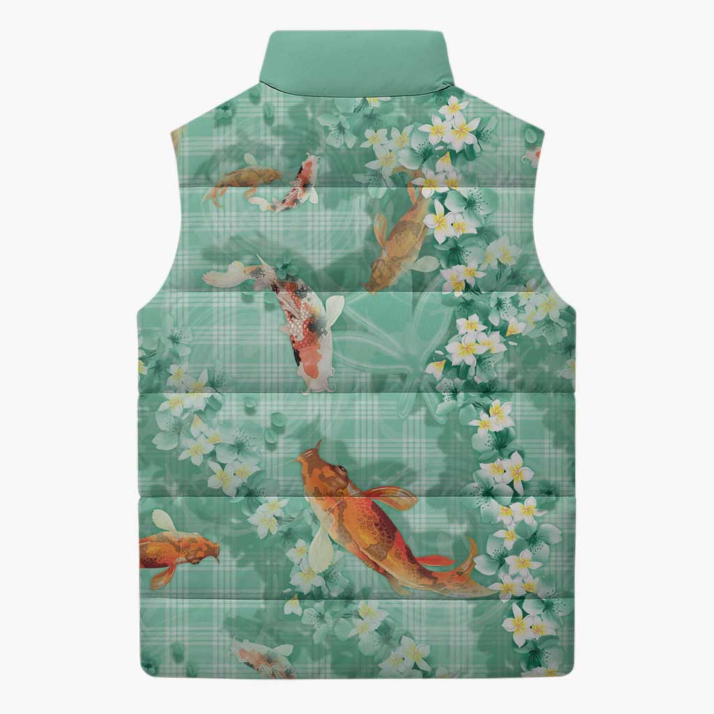 Green Palaka Hawaiian And Japanese Sleeveless Puffer Jacket Sakura Lei With Koi Fish - Polynesian Pride
