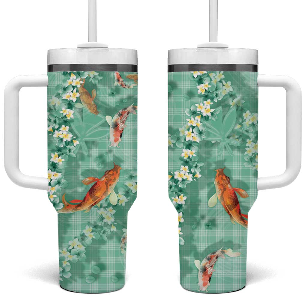 Green Palaka Hawaiian And Japanese Tumbler With Handle Sakura Lei With Koi Fish DT05 One Size: 40 oz Green - Polynesian Pride