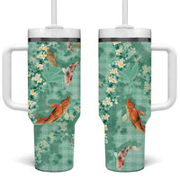 Green Palaka Hawaiian And Japanese Tumbler With Handle Sakura Lei With Koi Fish DT05 One Size: 40 oz Green - Polynesian Pride