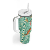 Green Palaka Hawaiian And Japanese Tumbler With Handle Sakura Lei With Koi Fish DT05 - Polynesian Pride