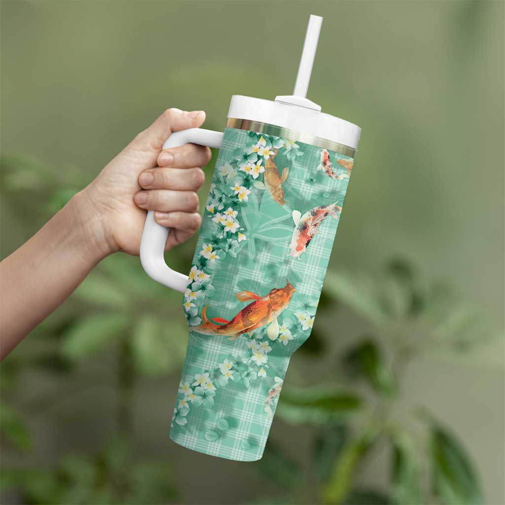 Green Palaka Hawaiian And Japanese Tumbler With Handle Sakura Lei With Koi Fish DT05 - Polynesian Pride