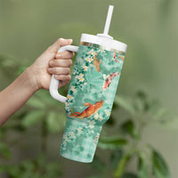 Green Palaka Hawaiian And Japanese Tumbler With Handle Sakura Lei With Koi Fish DT05 - Polynesian Pride