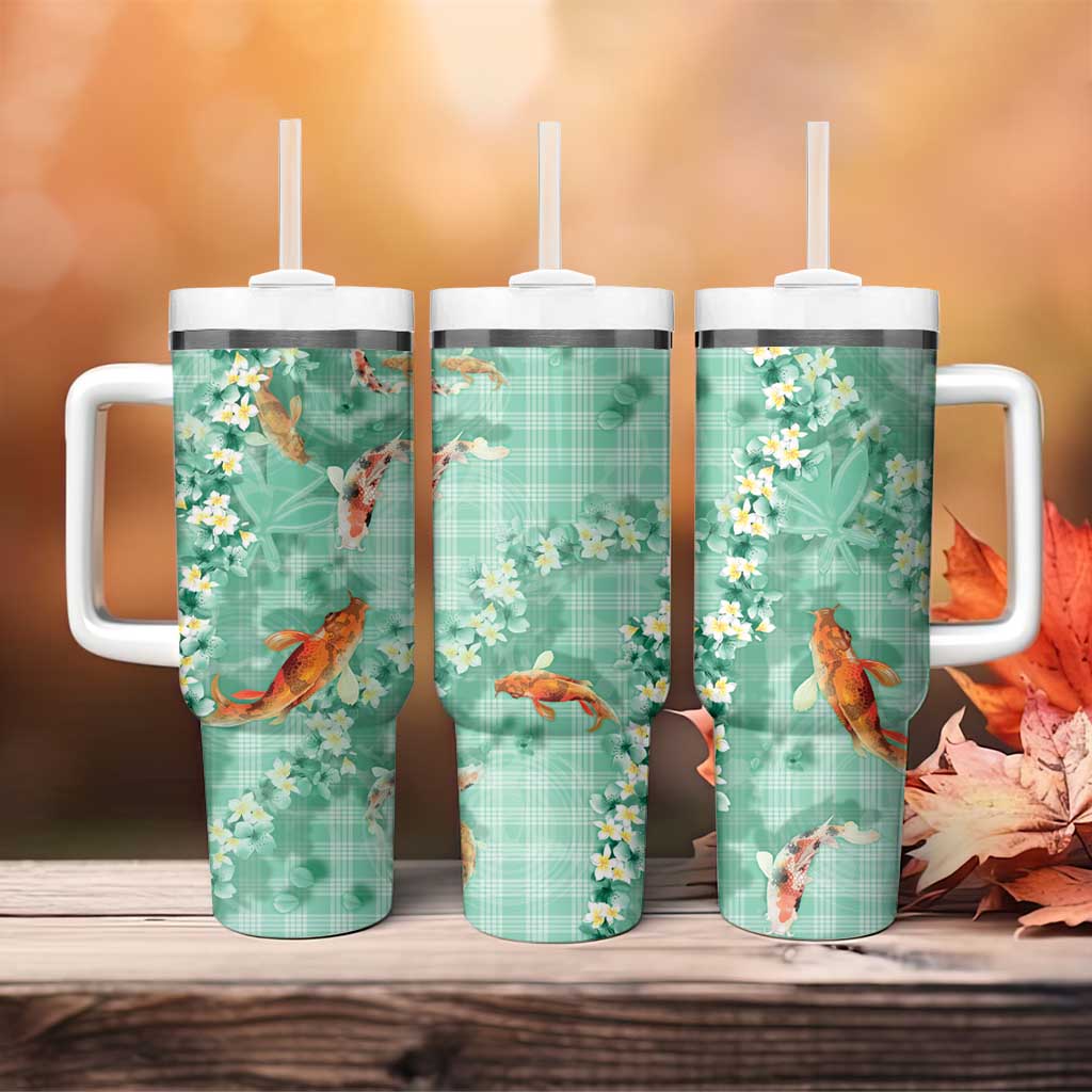 Green Palaka Hawaiian And Japanese Tumbler With Handle Sakura Lei With Koi Fish DT05 - Polynesian Pride