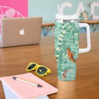 Green Palaka Hawaiian And Japanese Tumbler With Handle Sakura Lei With Koi Fish DT05 - Polynesian Pride
